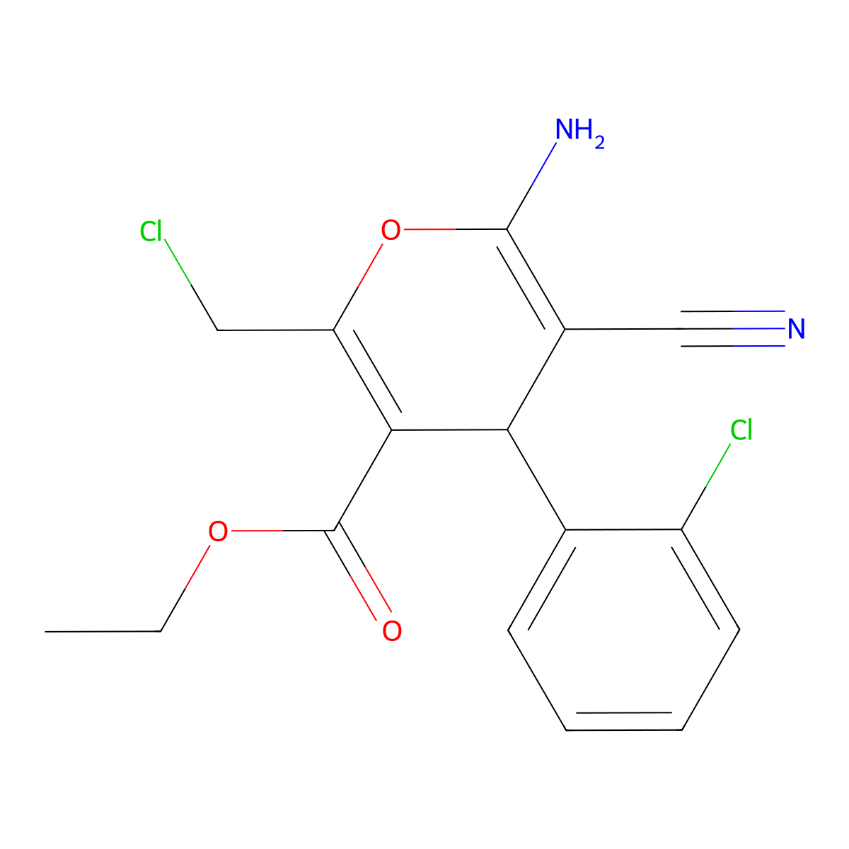 ethyl 6-amino-2-(chloromethyl)-4-(2-chlorophenyl)-5-cyano-4H-pyran-3-carboxylate molecular structure, CAS 327068-34-8