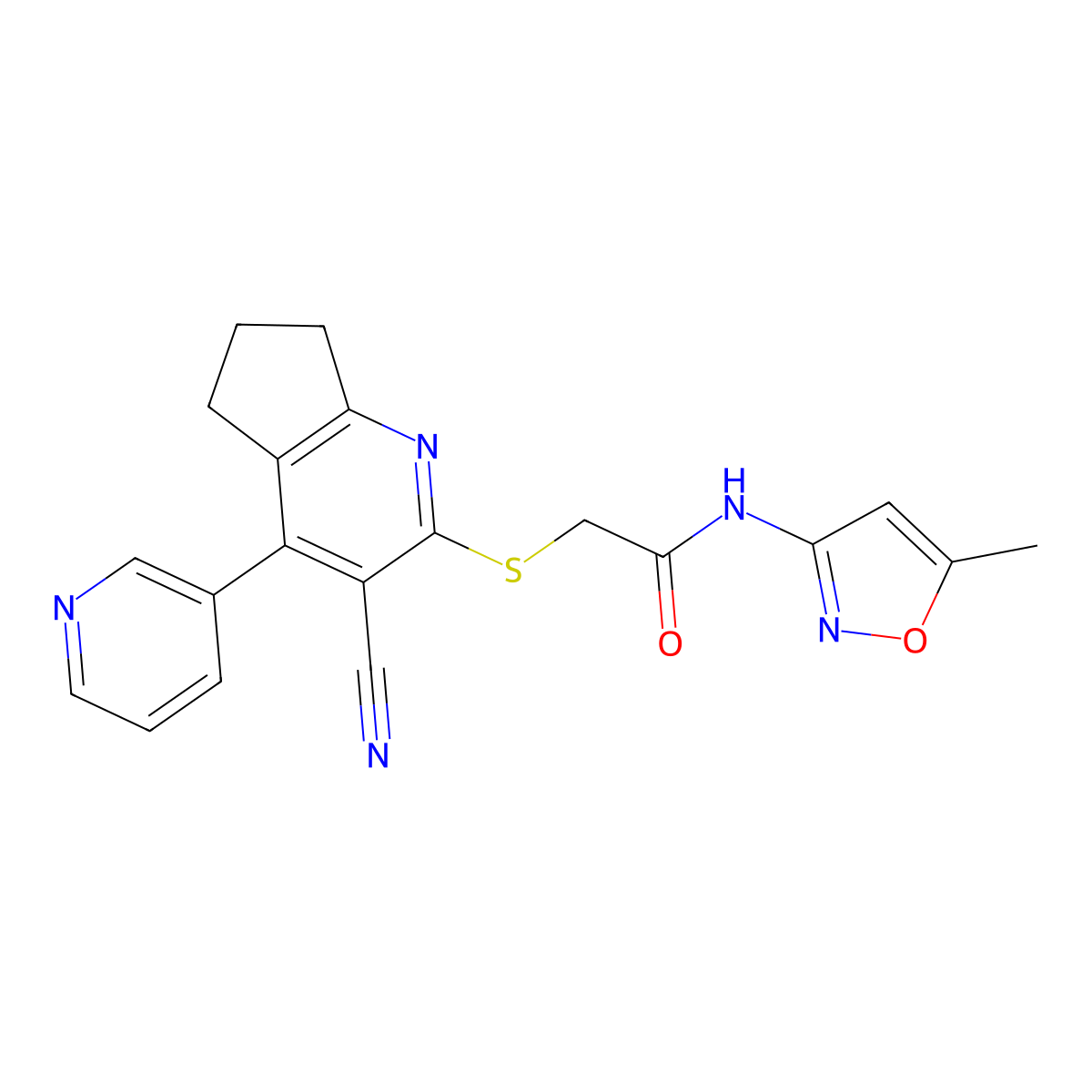 2-[(3-cyano-4-pyridin-3-yl-6,7-dihydro-5H-cyclopenta[b]pyridin-2-yl)sulfanyl]-N-(5-methyl-1,2-oxazol-3-yl)acetamide molecular structure, CAS 327068-42-8