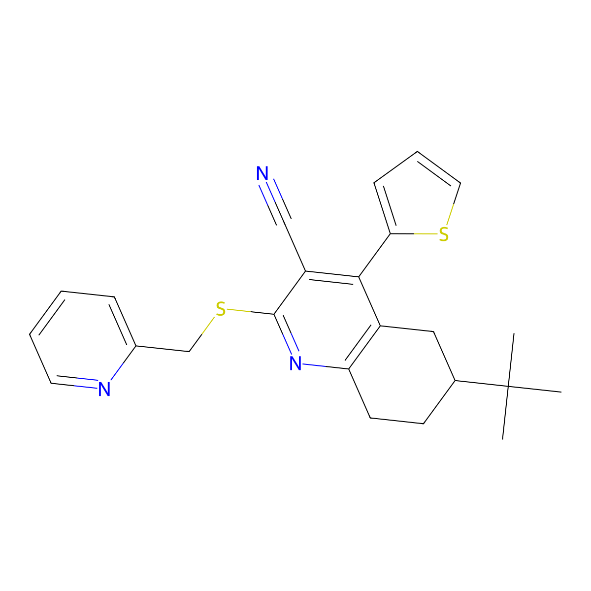6-Tert-butyl-2-(pyridin-2-ylmethylsulfanyl)-4-thiophen-2-yl-5,6,7,8-tetrahydroquinoline-3-carbonitrile molecular structure, CAS 327068-44-0