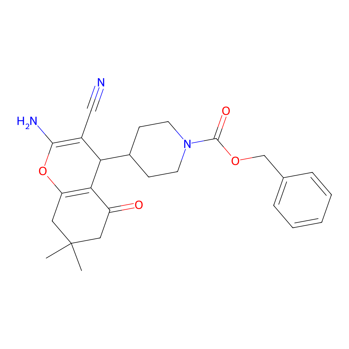 benzyl 4-(2-amino-3-cyano-7,7-dimethyl-5-oxo-5,6,7,8-tetrahydro-4H-chromen-4-yl)piperidine-1-carboxylate molecular structure, CAS 327068-46-2