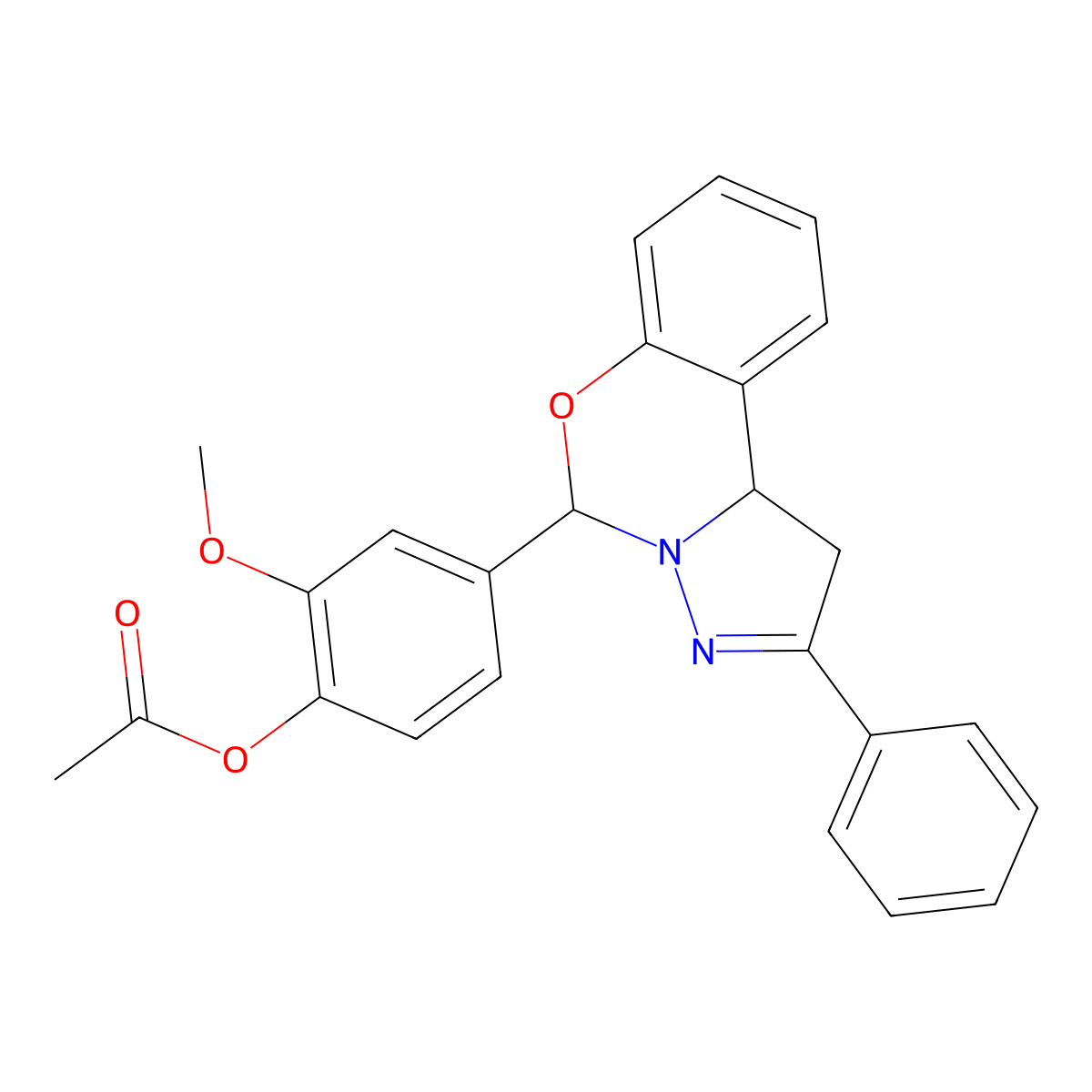 2-Methoxy-4-(2-phenyl-1,10b-dihydropyrazolo[1,5-c][1,3]benzoxazin-5-yl)phenyl acetate molecular structure, CAS 327069-30-7