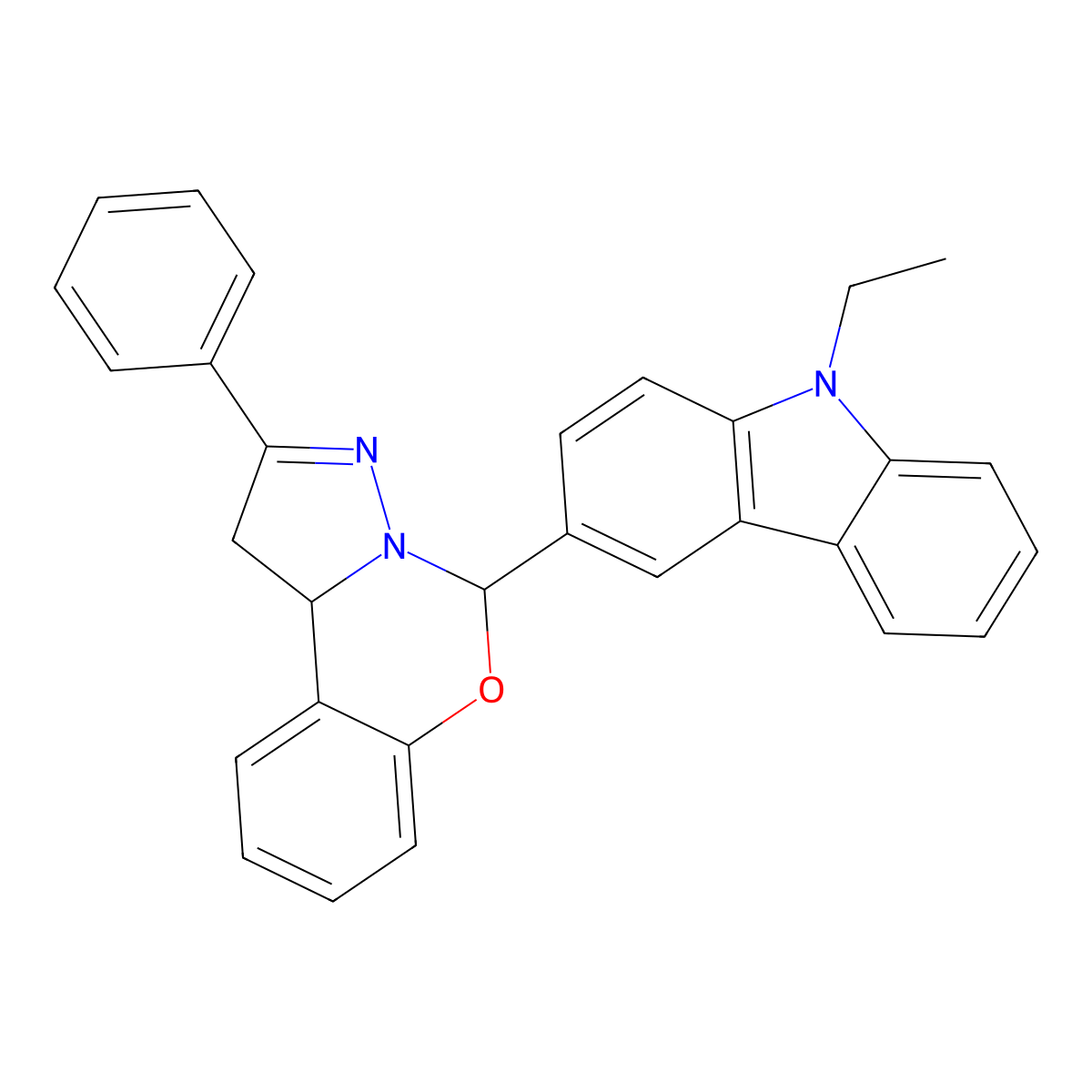 5-(9-ethyl-9H-carbazol-3-yl)-2-phenyl-1,10b-dihydropyrazolo[1,5-c][1,3]benzoxazine molecular structure, CAS 327069-37-4