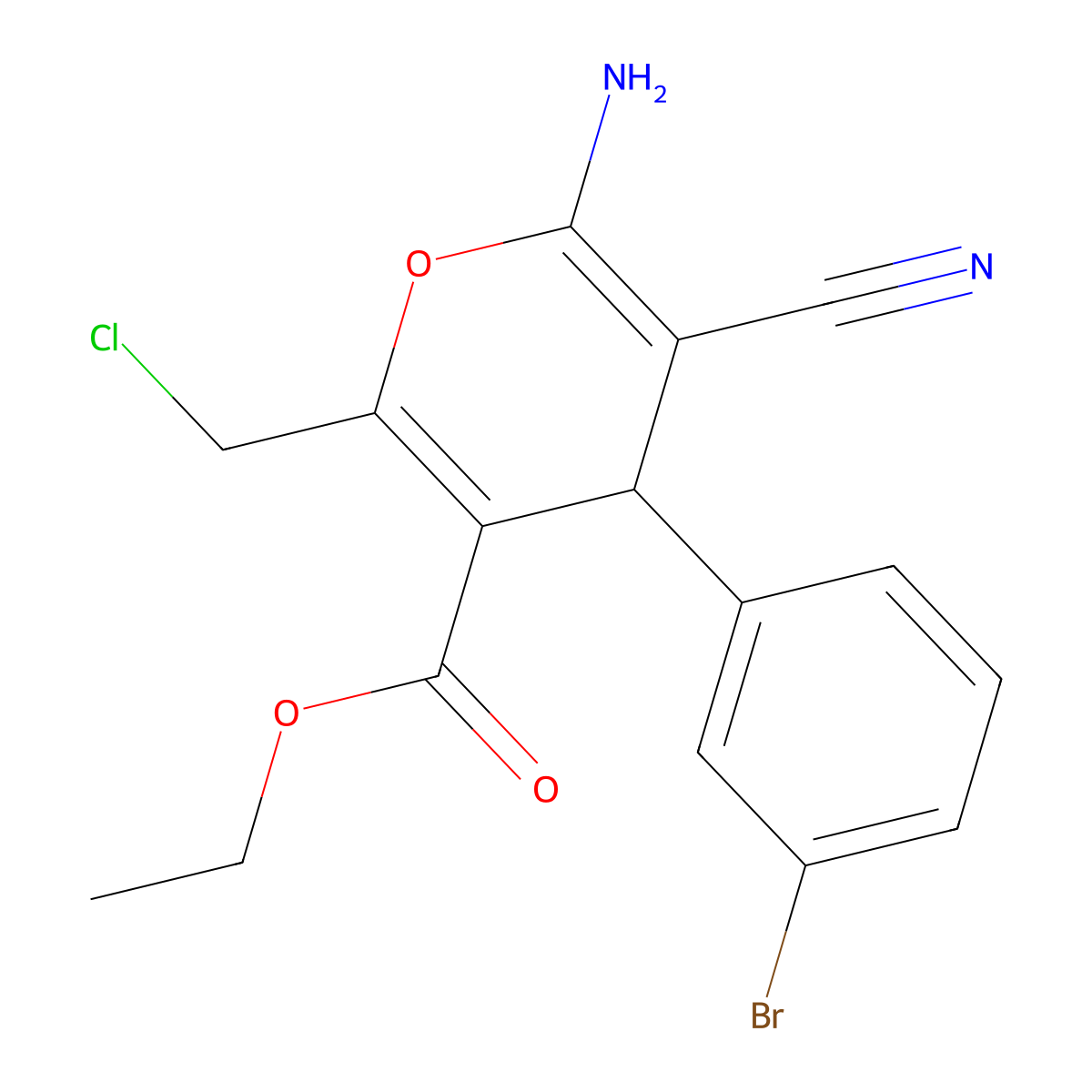 ethyl 6-amino-4-(3-bromophenyl)-2-(chloromethyl)-5-cyano-4H-pyran-3-carboxylate molecular structure, CAS 327070-64-4