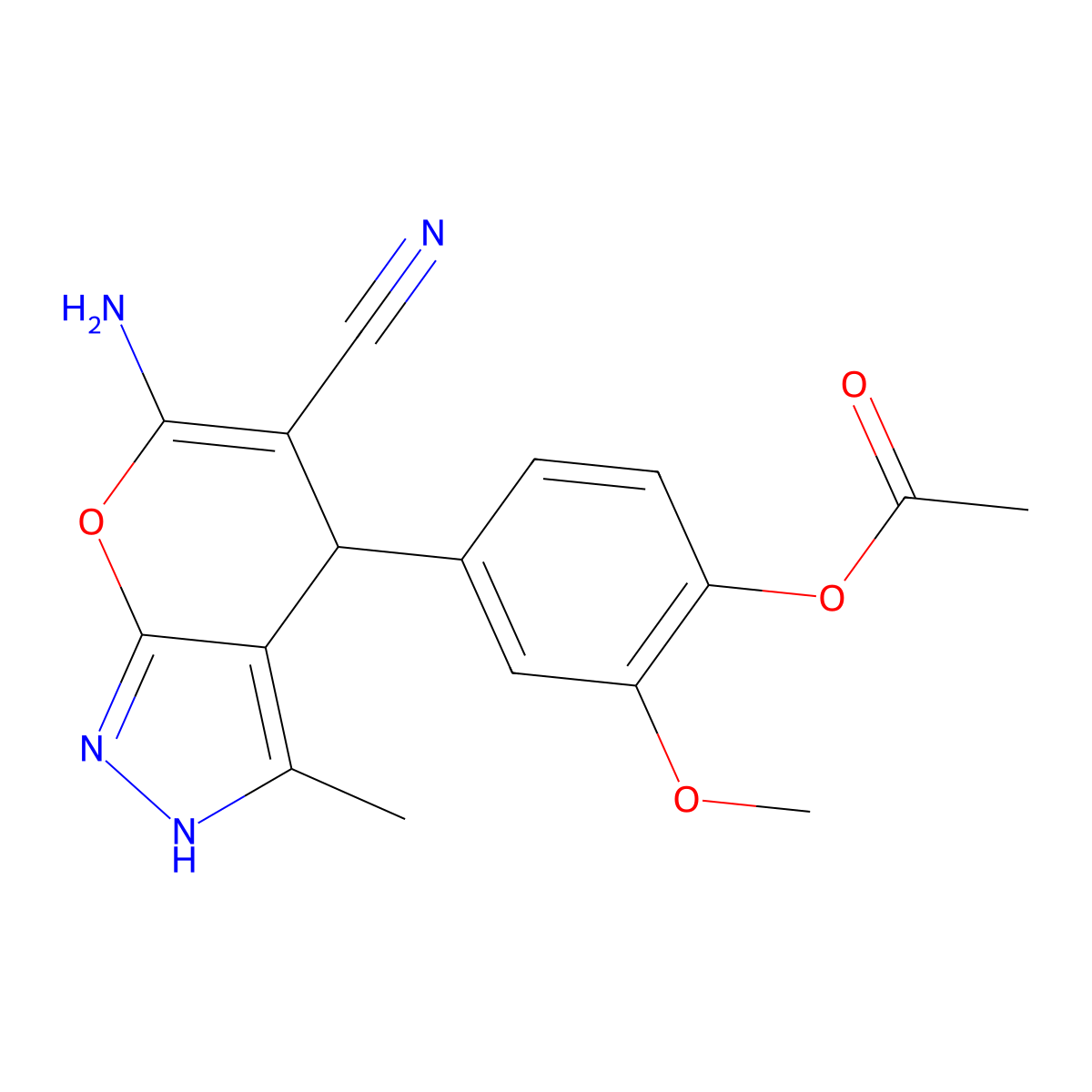 4-(6-Amino-5-cyano-3-methyl-1,4-dihydropyrano[2,3-c]pyrazol-4-yl)-2-methoxyphenyl acetate molecular structure, CAS 327071-51-2