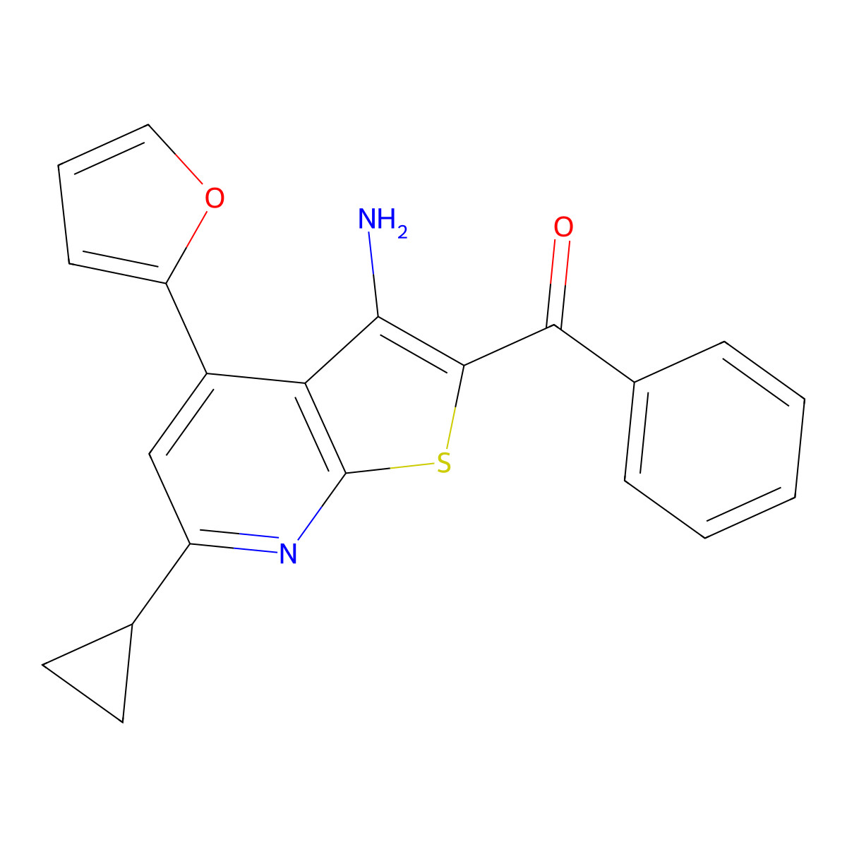(3-Amino-6-cyclopropyl-4-(furan-2-yl)thieno[2,3-b]pyridin-2-yl)(phenyl)methanone molecular structure, CAS 327072-14-0