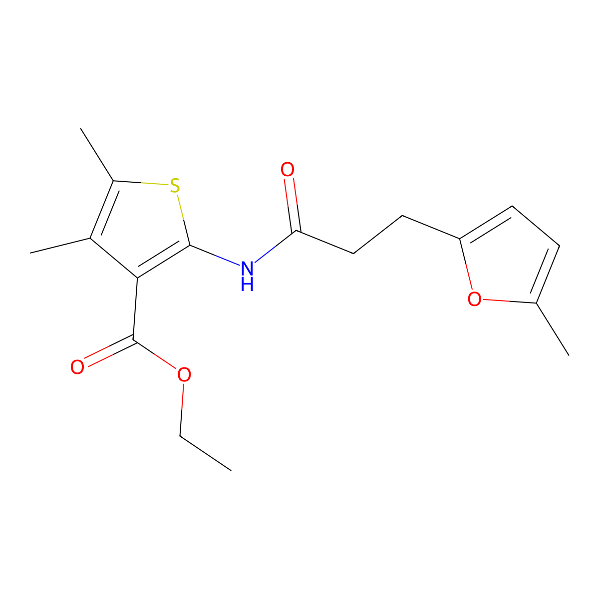 Ethyl 4,5-dimethyl-2-(3-(5-methylfuran-2-yl)propanamido)thiophene-3-carboxylate molecular structure, CAS 327075-15-0