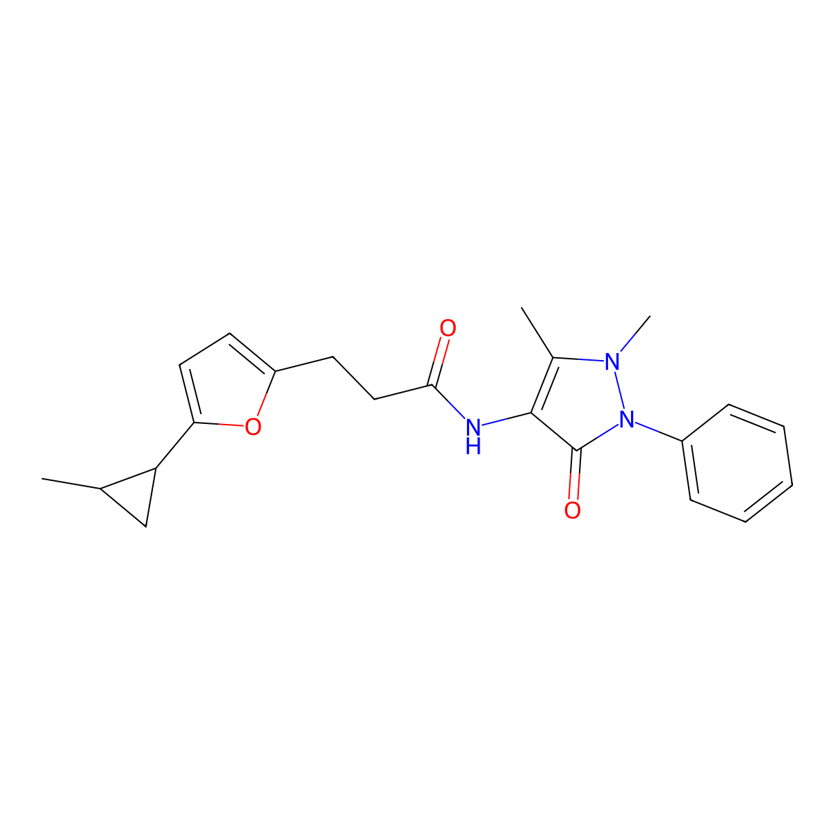 N-(1,5-dimethyl-3-oxo-2-phenyl-2,3-dihydro-1H-pyrazol-4-yl)-3-[5-(2-methylcyclopropyl)furan-2-yl]propanamide molecular structure, CAS 327077-51-0