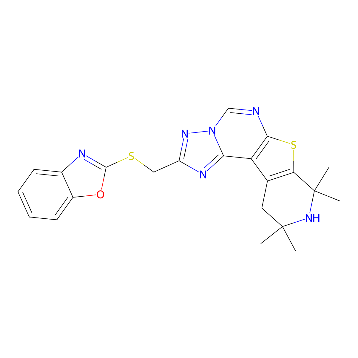 2-[(1,3-Benzoxazol-2-ylsulfanyl)methyl]-8,8,10,10-tetramethyl-8,9,10,11-tetrahydropyrido[4',3':4,5]thieno[3,2-e][1,2,4]triazolo[1,5-c]pyrimidine molecular structure, CAS 327081-06-1