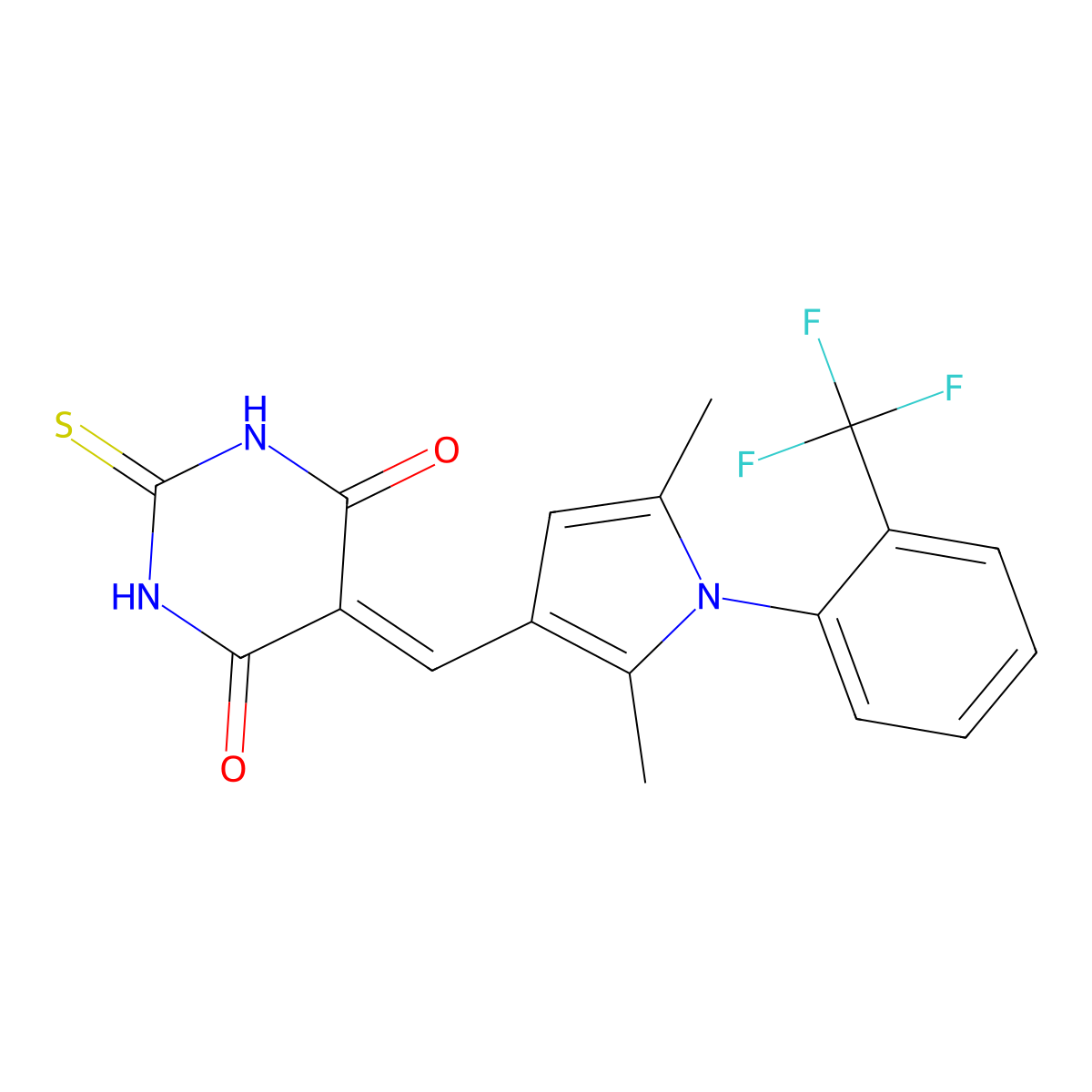 5-({2,5-dimethyl-1-[2-(trifluoromethyl)phenyl]-1H-pyrrol-3-yl}methylidene)-2-thioxodihydropyrimidine-4,6(1H,5H)-dione molecular structure, CAS 327085-32-5