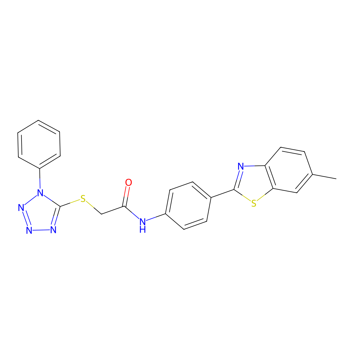N-[4-(6-methyl-1,3-benzothiazol-2-yl)phenyl]-2-(1-phenyltetrazol-5-yl)sulfanylacetamide molecular structure, CAS 327086-28-2