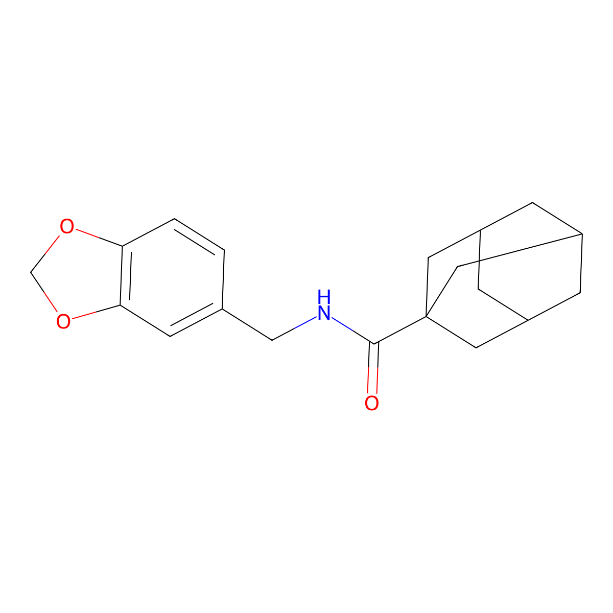 Adamantane-1-carboxylic acid (benzo[1,3]dioxol-5-ylmethyl)-amide molecular structure, CAS 327094-12-2
