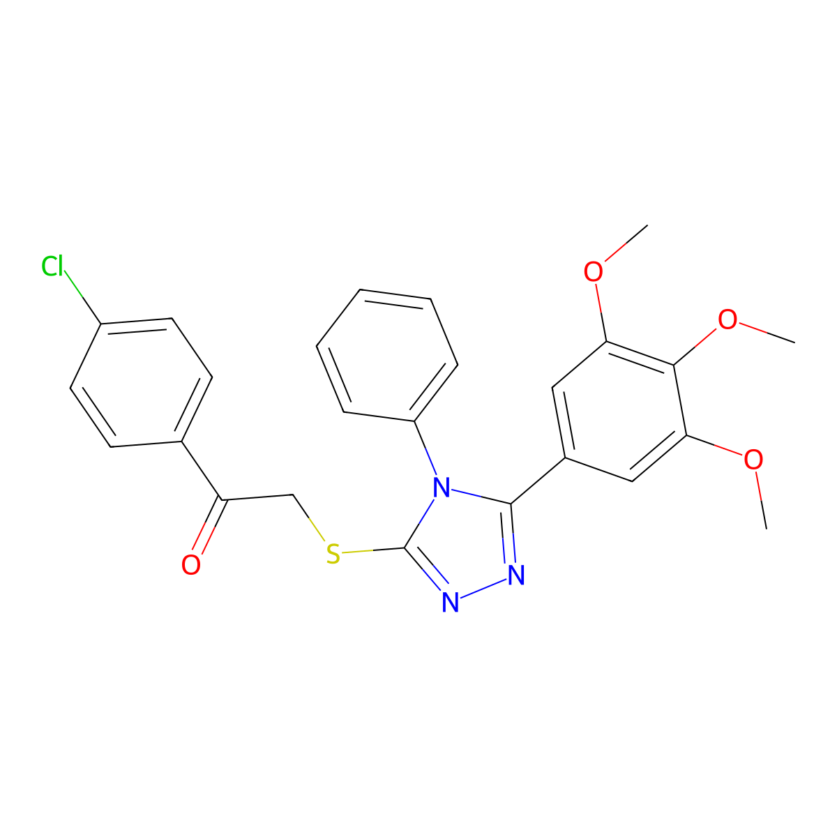 1-(4-chlorophenyl)-2-{[4-phenyl-5-(3,4,5-trimethoxyphenyl)-4H-1,2,4-triazol-3-yl]sulfanyl}ethanone molecular structure, CAS 327094-35-9