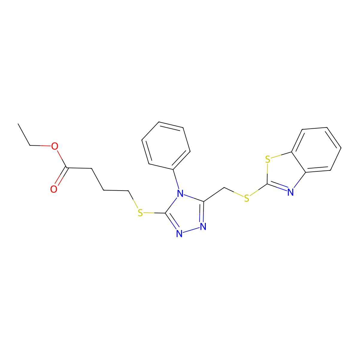 ethyl 4-({5-[(1,3-benzothiazol-2-ylsulfanyl)methyl]-4-phenyl-4H-1,2,4-triazol-3-yl}sulfanyl)butanoate molecular structure, CAS 327094-53-1