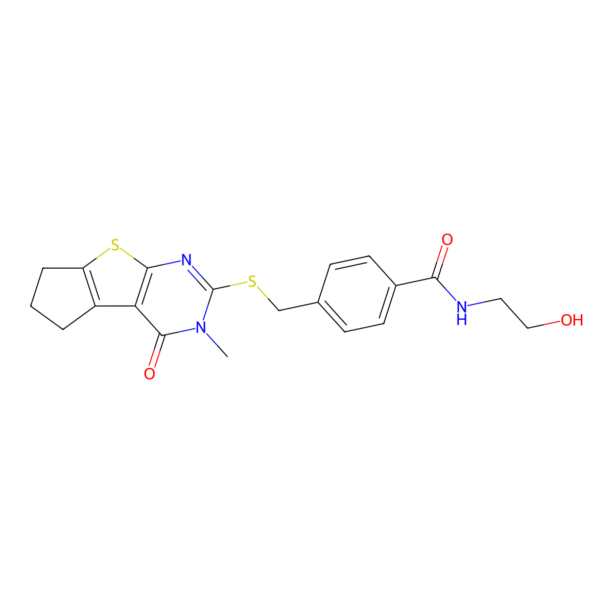 N-(2-hydroxyethyl)-4-(((3-methyl-4-oxo-4,5,6,7-tetrahydro-3H-cyclopenta[4,5]thieno[2,3-d]pyrimidin-2-yl)thio)methyl)benzamide molecular structure, CAS 327094-61-1