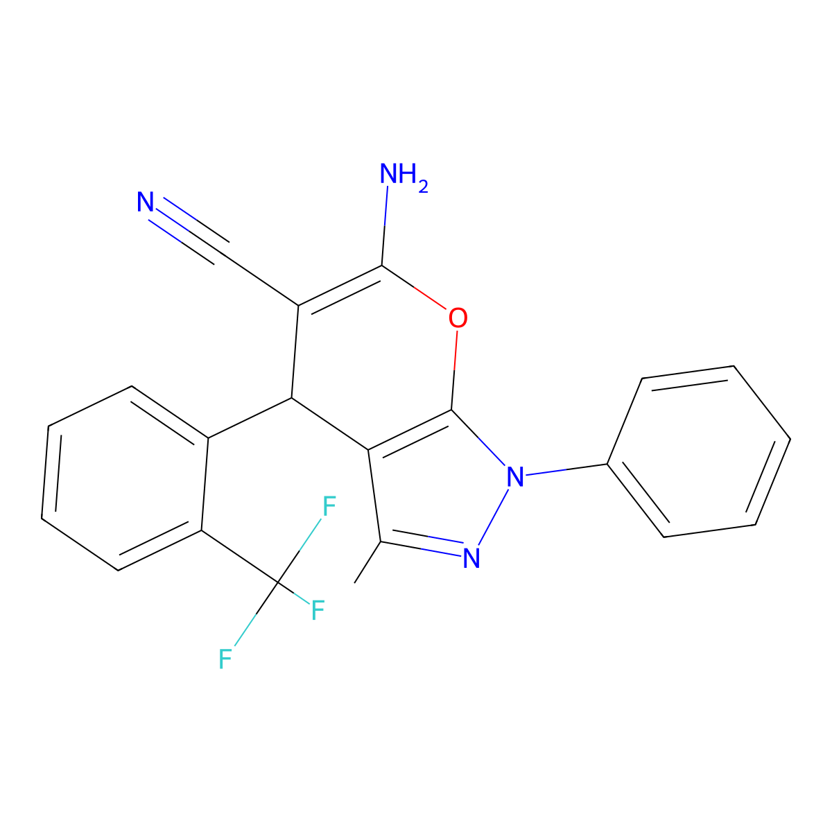 6-amino-3-methyl-1-phenyl-4-[2-(trifluoromethyl)phenyl]-4H-pyrano[2,3-c]pyrazole-5-carbonitrile molecular structure, CAS 327098-55-5