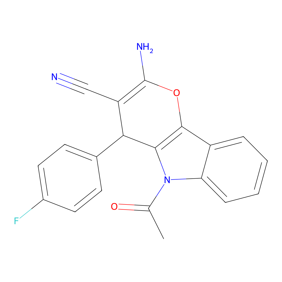 5-Acetyl-2-amino-4-(4-fluorophenyl)-4,5-dihydropyrano[3,2-b]indole-3-carbonitrile molecular structure, CAS 327099-13-8