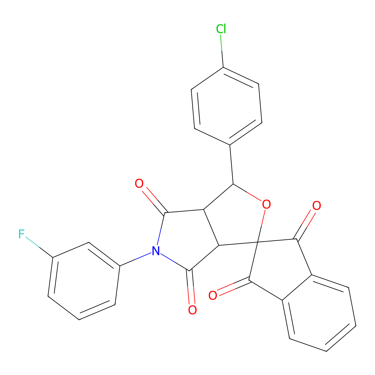 1-(4-chlorophenyl)-5-(3-fluorophenyl)spiro[3a,6a-dihydro-1H-furo[3,4-c]pyrrole-3,2'-indene]-1',3',4,6-tetrone molecular structure, CAS 327099-22-9
