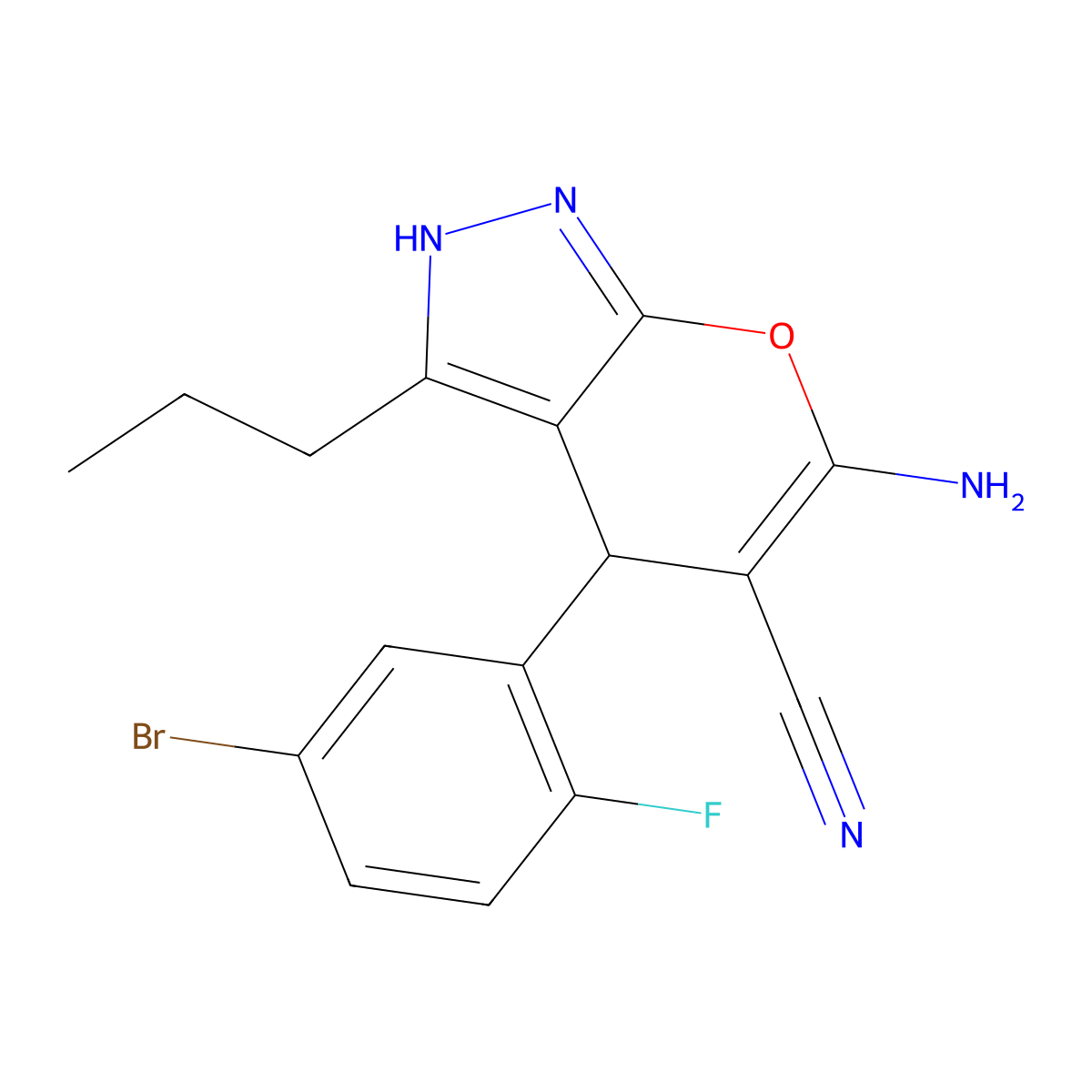 6-Amino-4-(5-bromo-2-fluorophenyl)-3-propyl-2,4-dihydropyrano[2,3-c]pyrazole-5-carbonitrile molecular structure, CAS 327100-44-7