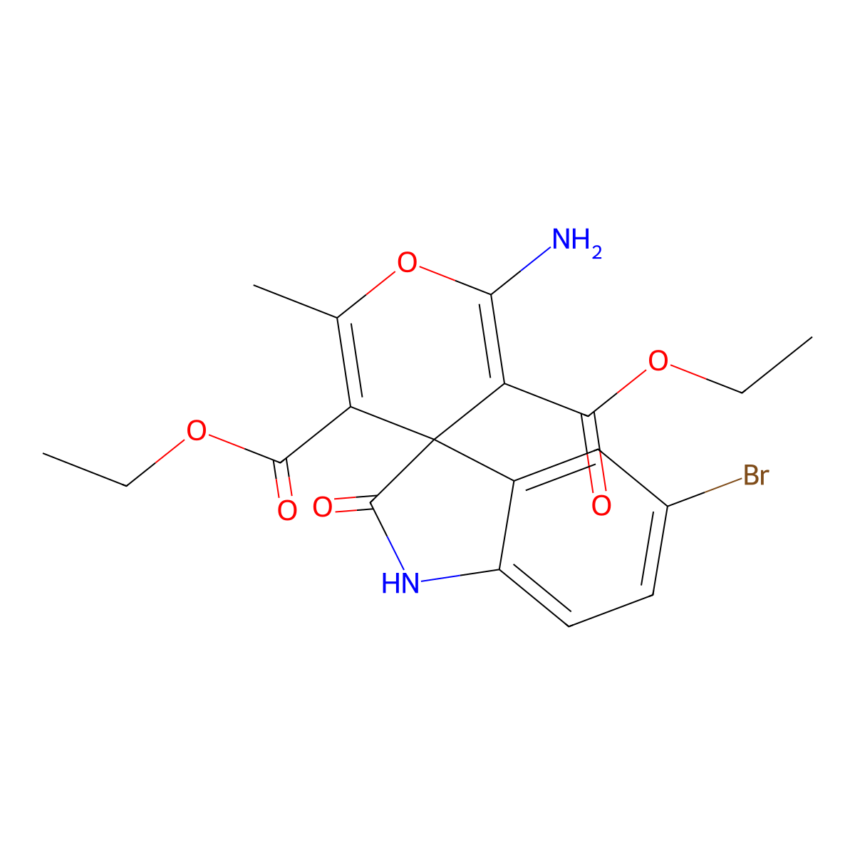 diethyl 2'-amino-5-bromo-6'-methyl-2-oxospiro[1H-indole-3,4'-pyran]-3',5'-dicarboxylate molecular structure, CAS 327100-82-3