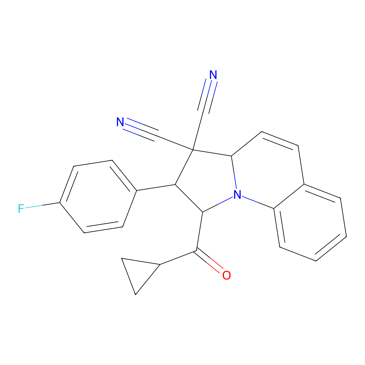 1-(cyclopropylcarbonyl)-2-(4-fluorophenyl)-1,2-dihydropyrrolo[1,2-a]quinoline-3,3(3aH)-dicarbonitrile molecular structure, CAS 327101-23-5