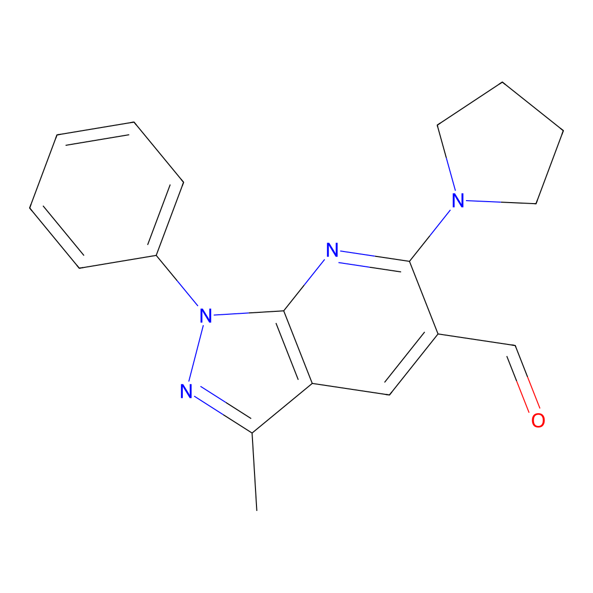 3-methyl-1-phenyl-6-(pyrrolidin-1-yl)-1H-pyrazolo[3,4-b]pyridine-5-carbaldehyde molecular structure, CAS 327103-16-2