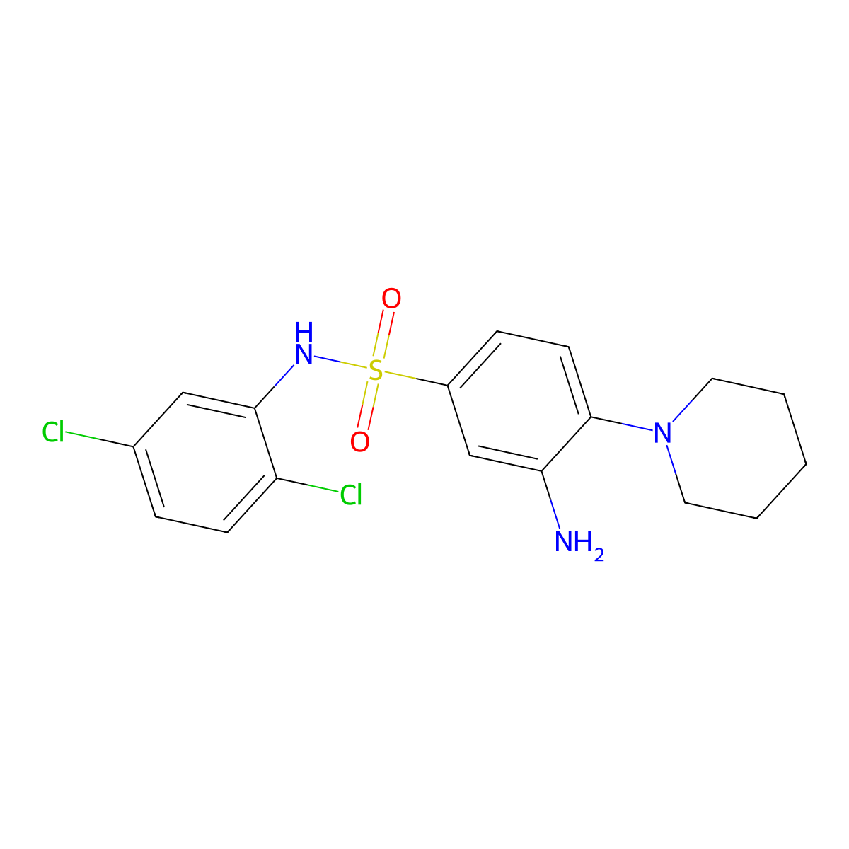 3-amino-N-(2,5-dichlorophenyl)-4-(piperidin-1-yl)benzene-1-sulfonamide molecular structure, CAS 327103-18-4