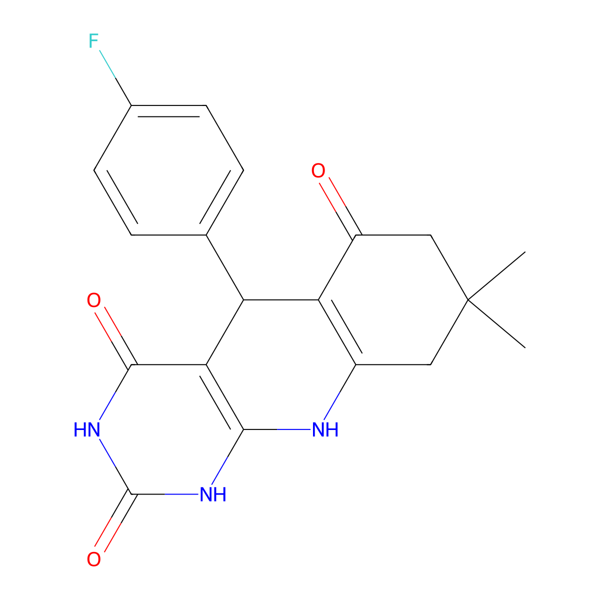 5-(4-fluorophenyl)-8,8-dimethyl-5,7,9,10-tetrahydro-1H-pyrimido[4,5-b]quinoline-2,4,6-trione molecular structure, CAS 327103-22-0