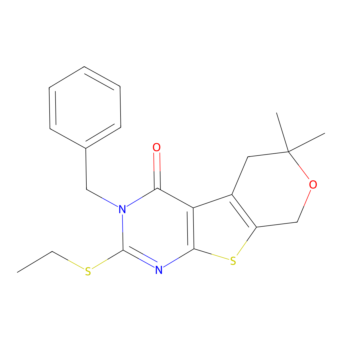 3-benzyl-2-(ethylsulfanyl)-6,6-dimethyl-3,5,6,8-tetrahydro-4H-pyrano[4',3':4,5]thieno[2,3-d]pyrimidin-4-one molecular structure, CAS 327166-79-0