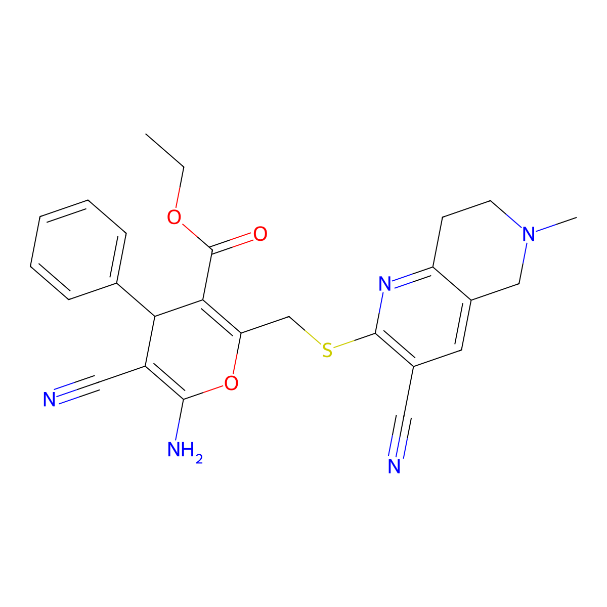 ethyl 6-amino-5-cyano-2-{[(3-cyano-6-methyl-5,6,7,8-tetrahydro-1,6-naphthyridin-2-yl)sulfanyl]methyl}-4-phenyl-4H-pyran-3-carboxylate molecular structure, CAS 327166-82-5