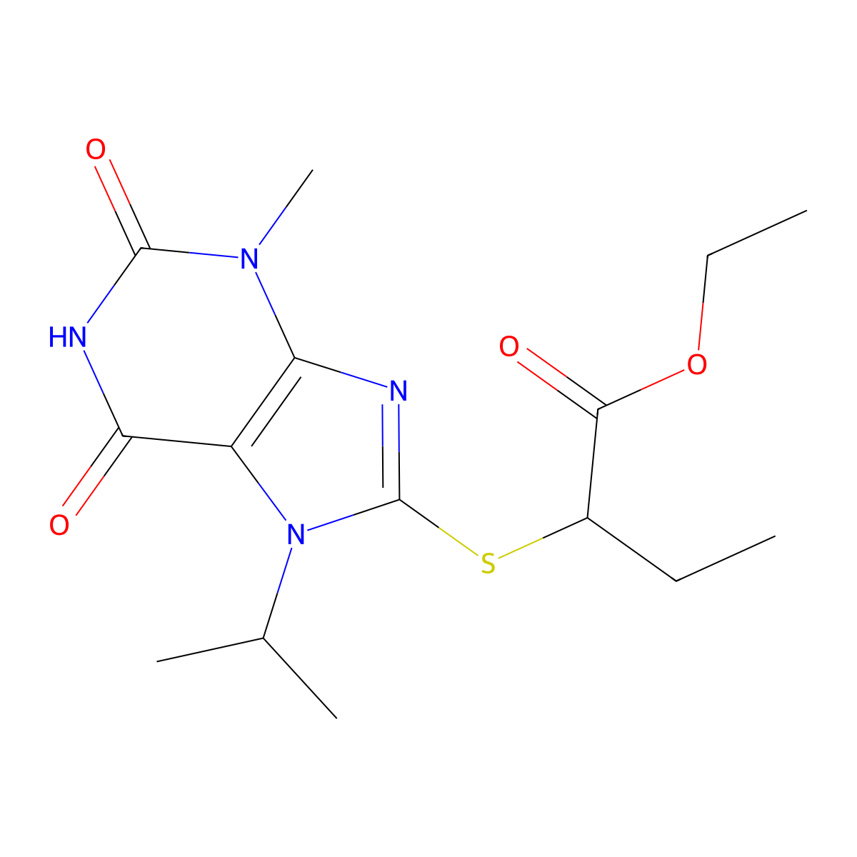 ethyl 2-{[3-methyl-2,6-dioxo-7-(propan-2-yl)-2,3,6,7-tetrahydro-1H-purin-8-yl]sulfanyl}butanoate molecular structure, CAS 327167-71-5