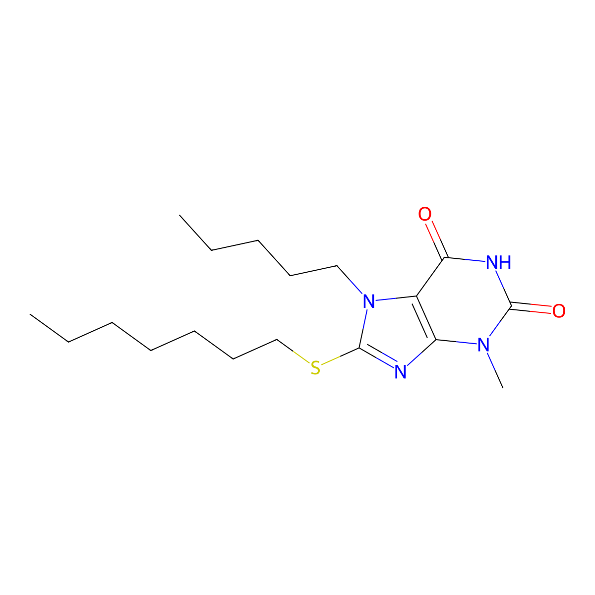 8-Heptylsulfanyl-3-methyl-7-pentyl-3,7-dihydro-purine-2,6-dione molecular structure, CAS 327167-89-5