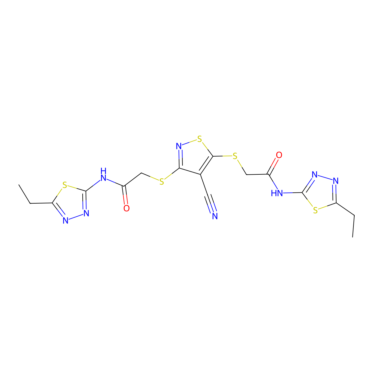2-((4-Cyano-3-((2-((5-ethyl-1,3,4-thiadiazol-2-YL)amino)-2-oxoethyl)sulf anyl)-5-isothiazolyl)sulfanyl)-N-(5-ethyl-1,3,4-thiadiazol-2-YL)acetamid E molecular structure, CAS 327168-06-9