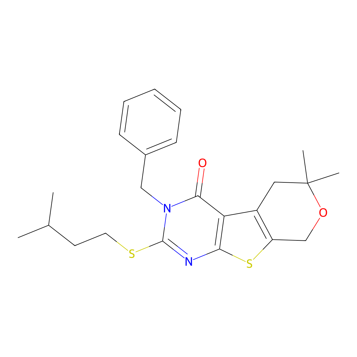 3-benzyl-2-(isopentylsulfanyl)-6,6-dimethyl-3,5,6,8-tetrahydro-4H-pyrano[4',3':4,5]thieno[2,3-d]pyrimidin-4-one molecular structure, CAS 327168-16-1