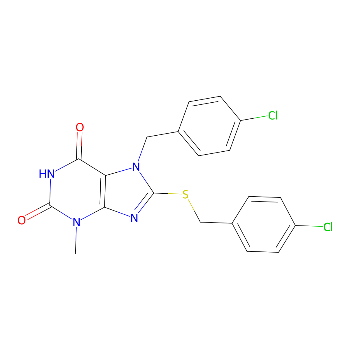 7-(4-chlorobenzyl)-8-[(4-chlorobenzyl)sulfanyl]-3-methyl-3,7-dihydro-1H-purine-2,6-dione molecular structure, CAS 327168-21-8