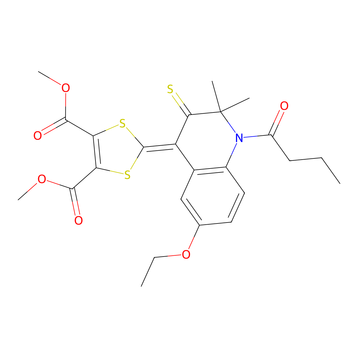 Dimethyl 2-(1-butanoyl-6-ethoxy-2,2-dimethyl-3-sulfanylidenequinolin-4-ylidene)-1,3-dithiole-4,5-dicarboxylate molecular structure, CAS 327168-23-0