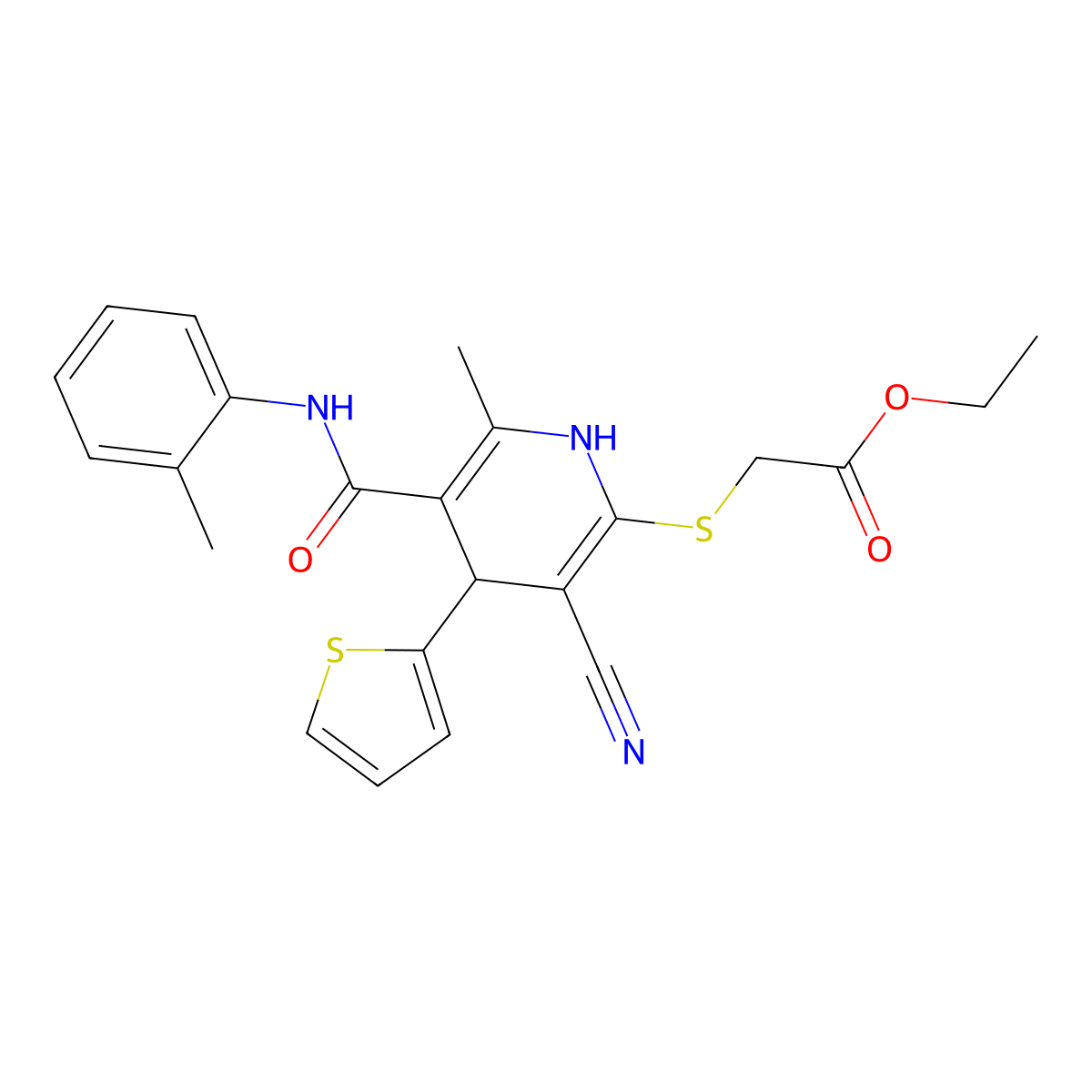 Ethyl ({3-cyano-6-methyl-5-[(2-methylphenyl)carbamoyl]-4-(thiophen-2-yl)-1,4-dihydropyridin-2-yl}sulfanyl)acetate molecular structure, CAS 327168-32-1
