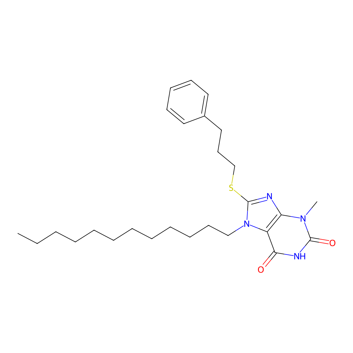 7-dodecyl-3-methyl-8-[(3-phenylpropyl)sulfanyl]-3,7-dihydro-1H-purine-2,6-dione molecular structure, CAS 327168-40-1