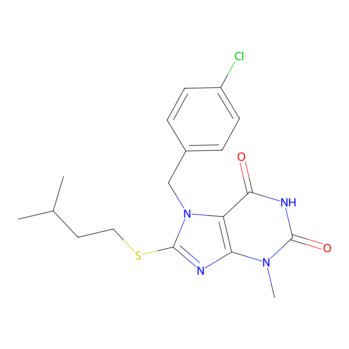 7-(4-chlorobenzyl)-8-(isopentylthio)-3-methyl-1H-purine-2,6(3H,7H)-dione molecular structure, CAS 327168-52-5