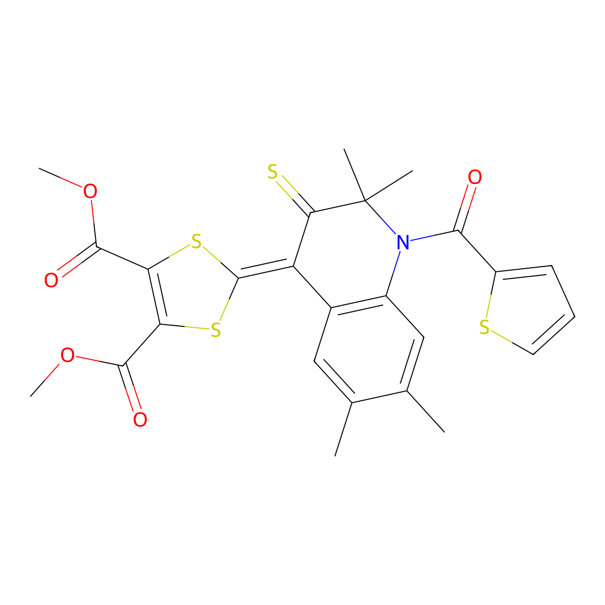 Dimethyl 2-[2,2,6,7-tetramethyl-3-sulfanylidene-1-(thiophene-2-carbonyl)quinolin-4-ylidene]-1,3-dithiole-4,5-dicarboxylate molecular structure, CAS 327168-55-8