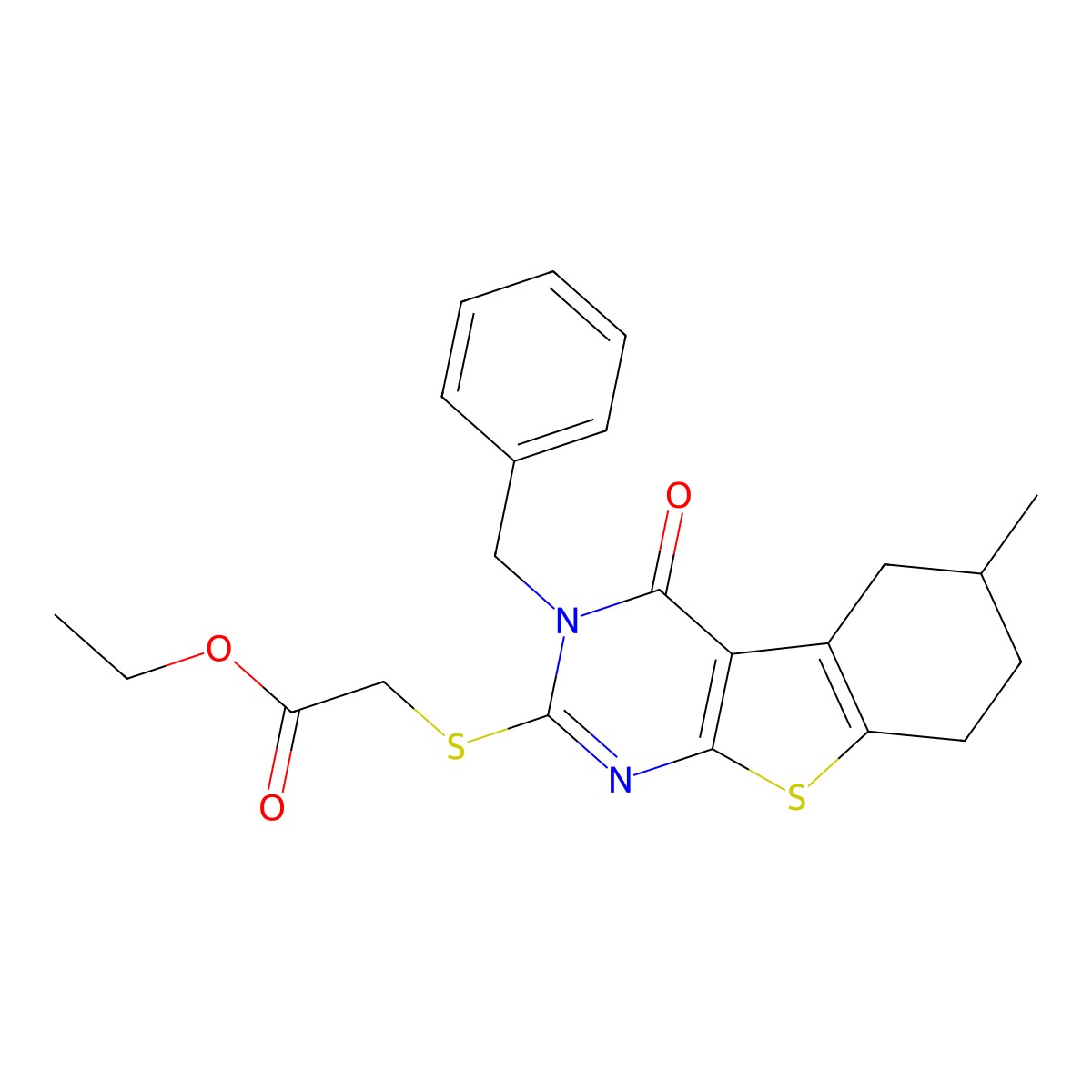 Ethyl [(3-benzyl-6-methyl-4-oxo-3,4,5,6,7,8-hexahydro[1]benzothieno[2,3-d]pyrimidin-2-yl)sulfanyl]acetate molecular structure, CAS 327168-58-1