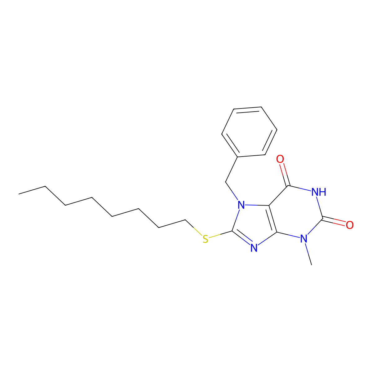 7-benzyl-3-methyl-8-(octylsulfanyl)-3,7-dihydro-1H-purine-2,6-dione molecular structure, CAS 327168-66-1