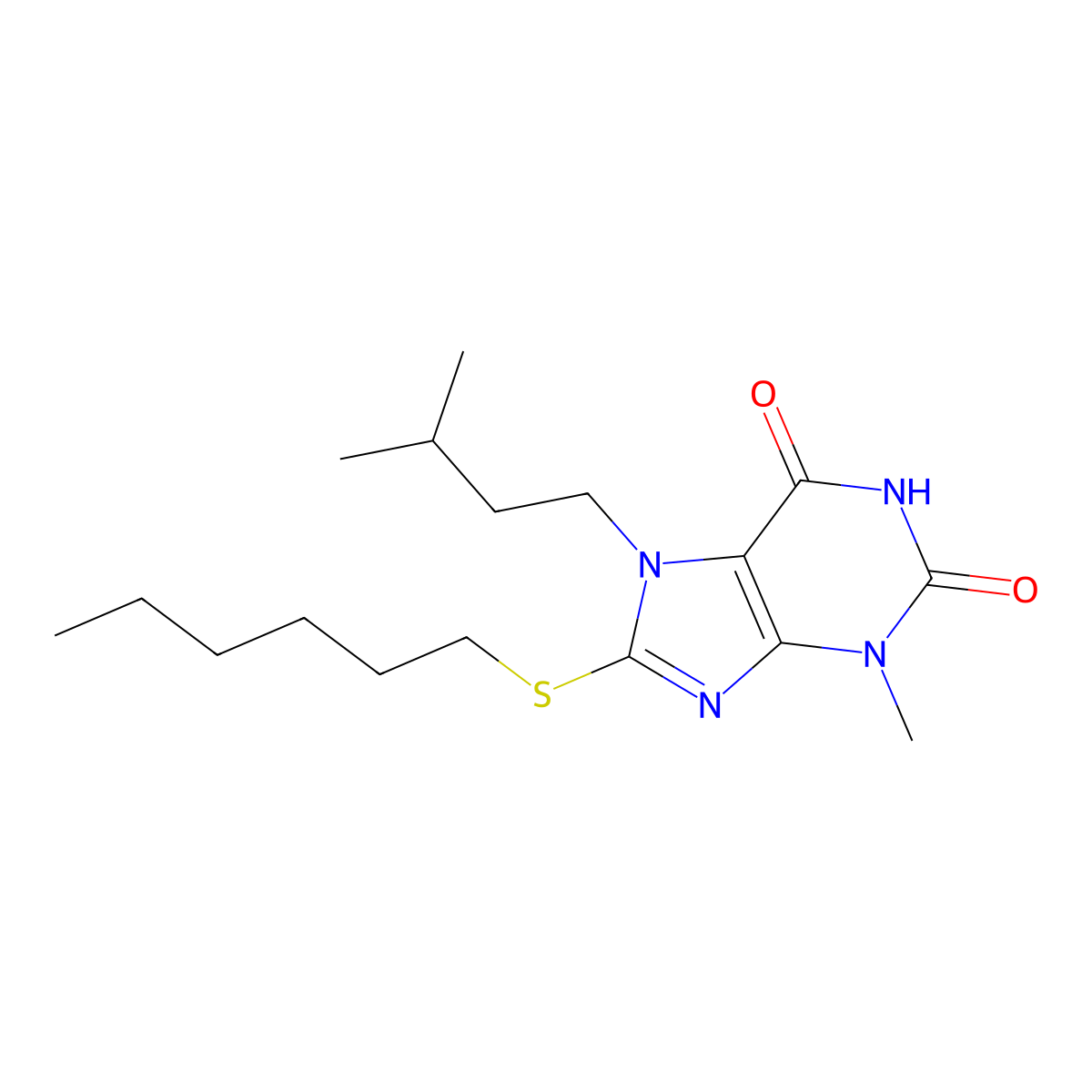 8-Hexylsulfanyl-3-methyl-7-(3-methyl-butyl)-3,7-dihydro-purine-2,6-dione molecular structure, CAS 327168-68-3