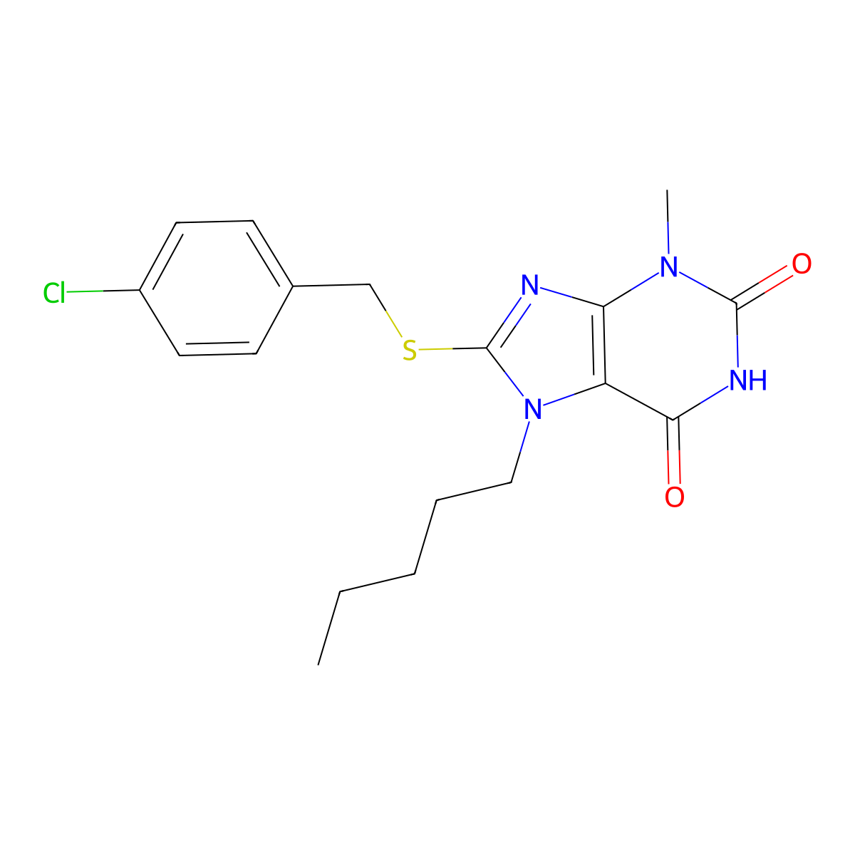 8-[(4-chlorobenzyl)sulfanyl]-3-methyl-7-pentyl-3,7-dihydro-1H-purine-2,6-dione molecular structure, CAS 327168-70-7