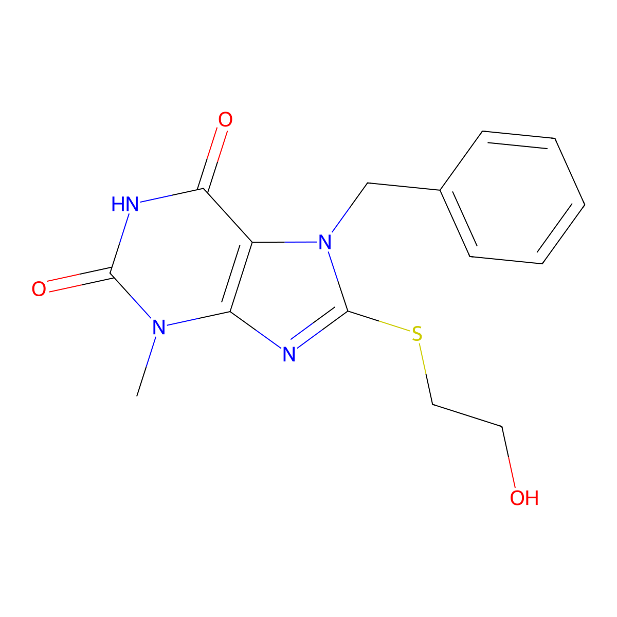 7-benzyl-8-((2-hydroxyethyl)thio)-3-methyl-1H-purine-2,6(3H,7H)-dione molecular structure, CAS 327169-00-6