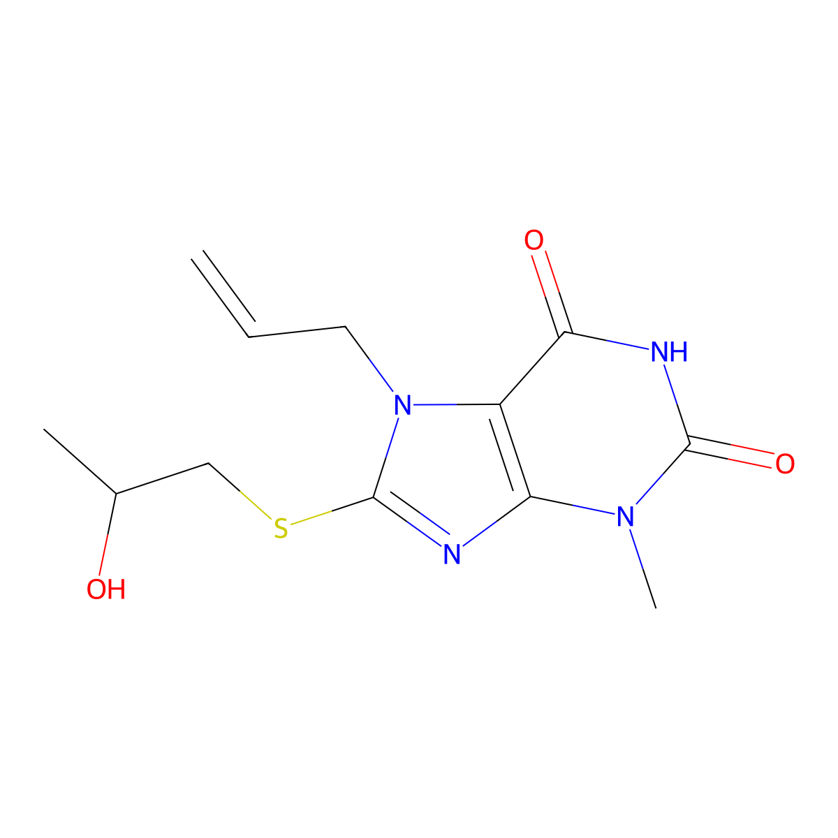 7-allyl-8-[(2-hydroxypropyl)sulfanyl]-3-methyl-3,7-dihydro-1H-purine-2,6-dione molecular structure, CAS 327169-13-1