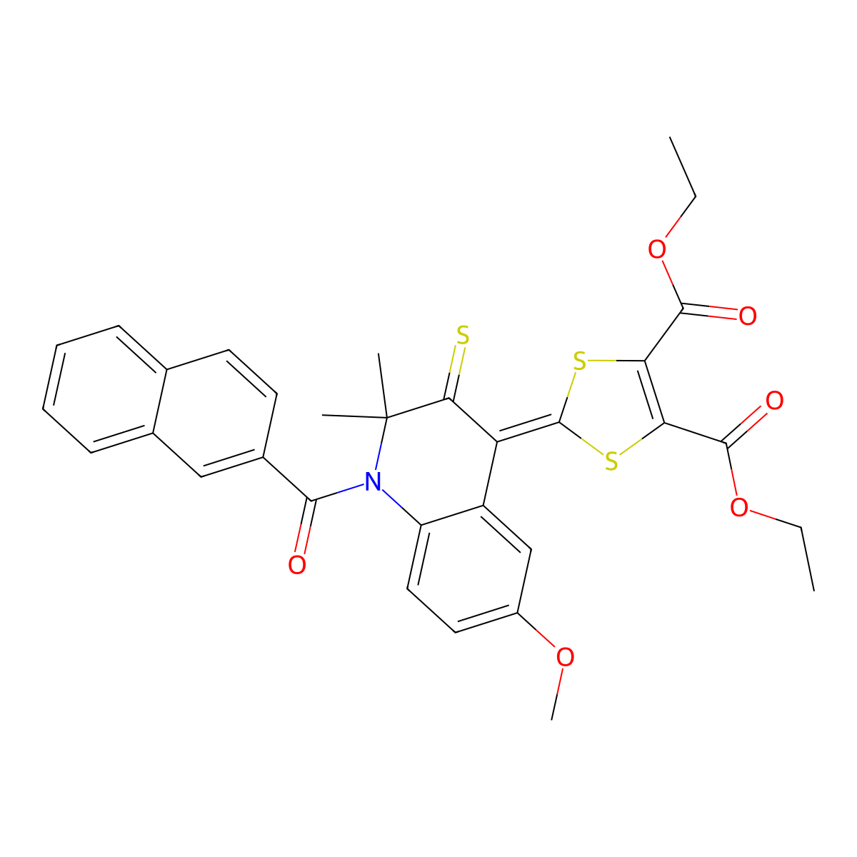 diethyl 2-(6-methoxy-2,2-dimethyl-1-(2-naphthoyl)-3-thioxo-2,3-dihydro-4(1H)-quinolinylidene)-1,3-dithiole-4,5-dicarboxylate molecular structure, CAS 327169-17-5
