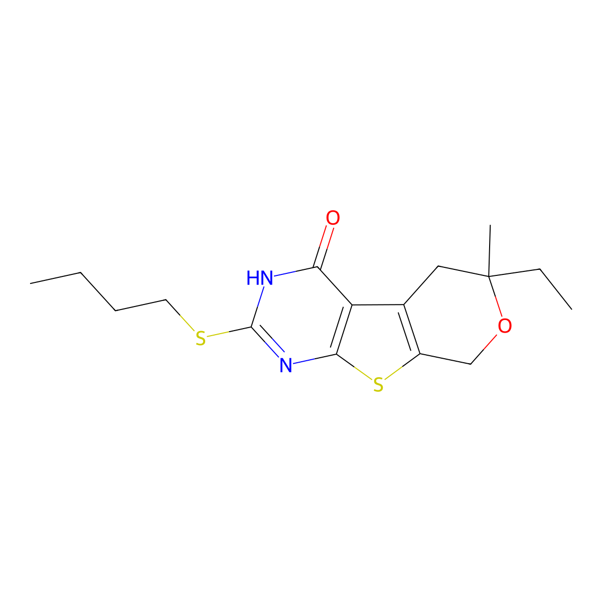 2-(butylsulfanyl)-6-ethyl-6-methyl-3,5,6,8-tetrahydro-4H-pyrano[4',3':4,5]thieno[2,3-d]pyrimidin-4-one molecular structure, CAS 327169-29-9