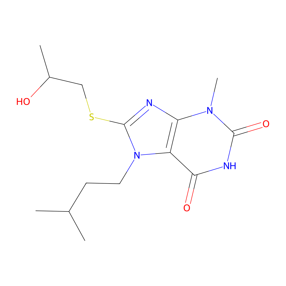 8-((2-hydroxypropyl)thio)-7-isopentyl-3-methyl-1H-purine-2,6(3H,7H)-dione molecular structure, CAS 327169-31-3