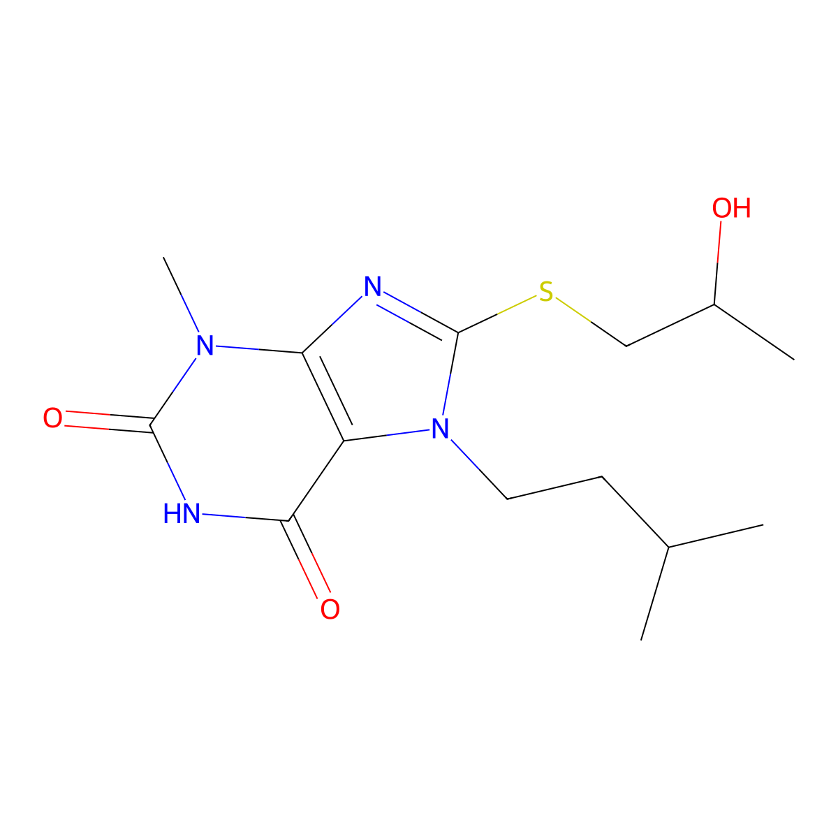 8-((2-hydroxypropyl)thio)-7-isopentyl-3-methyl-1H-purine-2,6(3H,7H)-dione molecular structure, CAS 327169-31-3