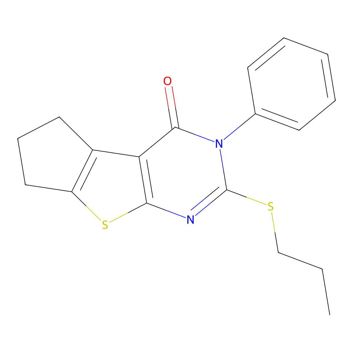 3-phenyl-2-(propylsulfanyl)-3,5,6,7-tetrahydro-4H-cyclopenta[4,5]thieno[2,3-d]pyrimidin-4-one molecular structure, CAS 327169-32-4
